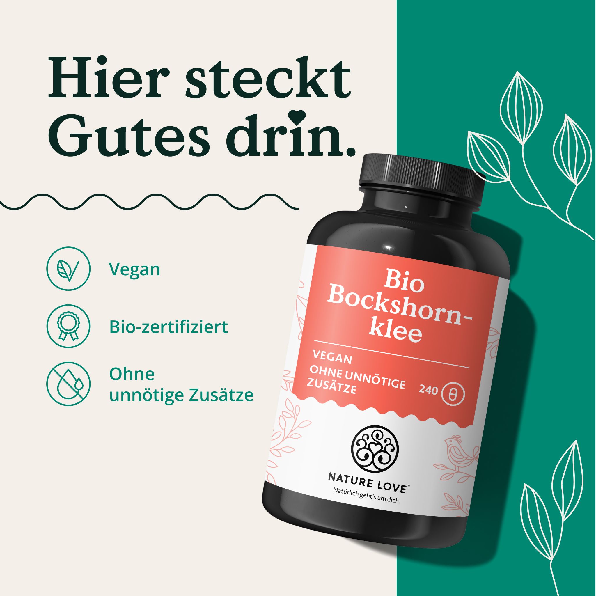 Bio Bockshornklee Kapseln von Nature Love. 2.600 mg pro Tagesdosis, vegan, bio-zertifiziert.