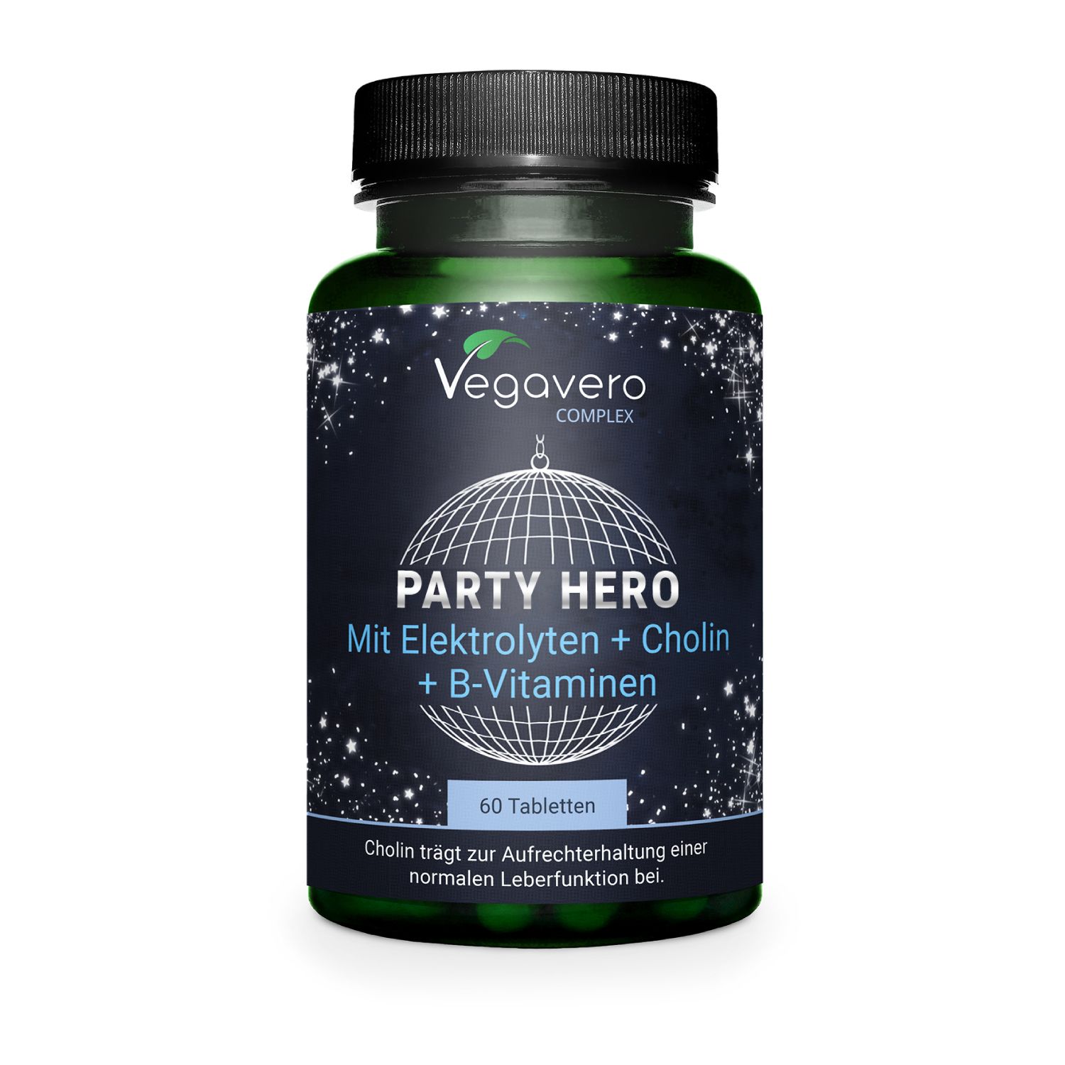 Grüne Flasche mit schwarzen Deckel. Aufschrift: Vegavaro COMPLEX, PARTY HERO, Mit Elektrolyten + Cholin + B-Vitaminen. 60 Tabletten.