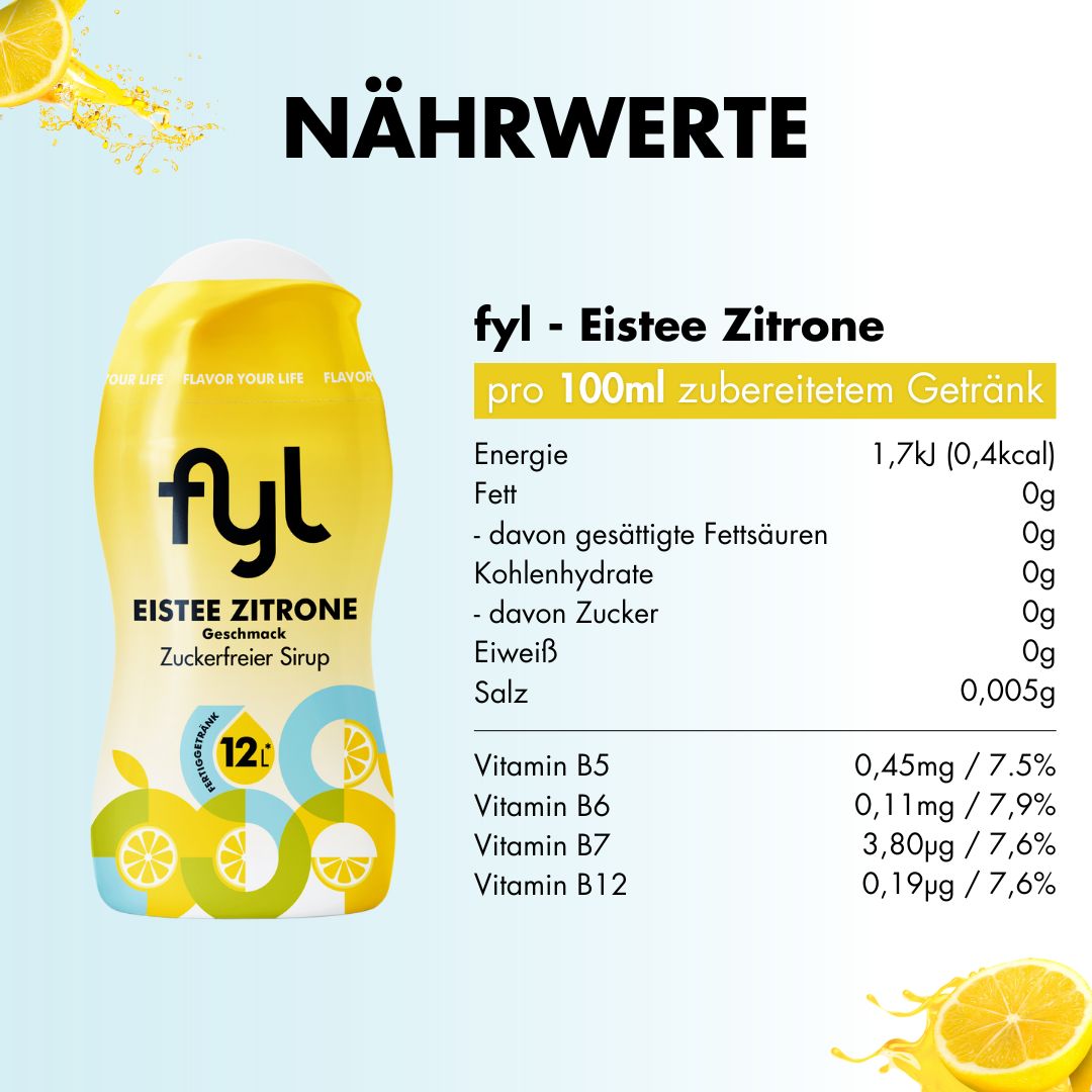 Gelbe Flasche fyl Eistee Zitrone mit Nährwerttabelle. Enthält Energie, Fett, Kohlenhydrate, Eiweiß und Salz. Vitamine B5, B6, B7, B12.