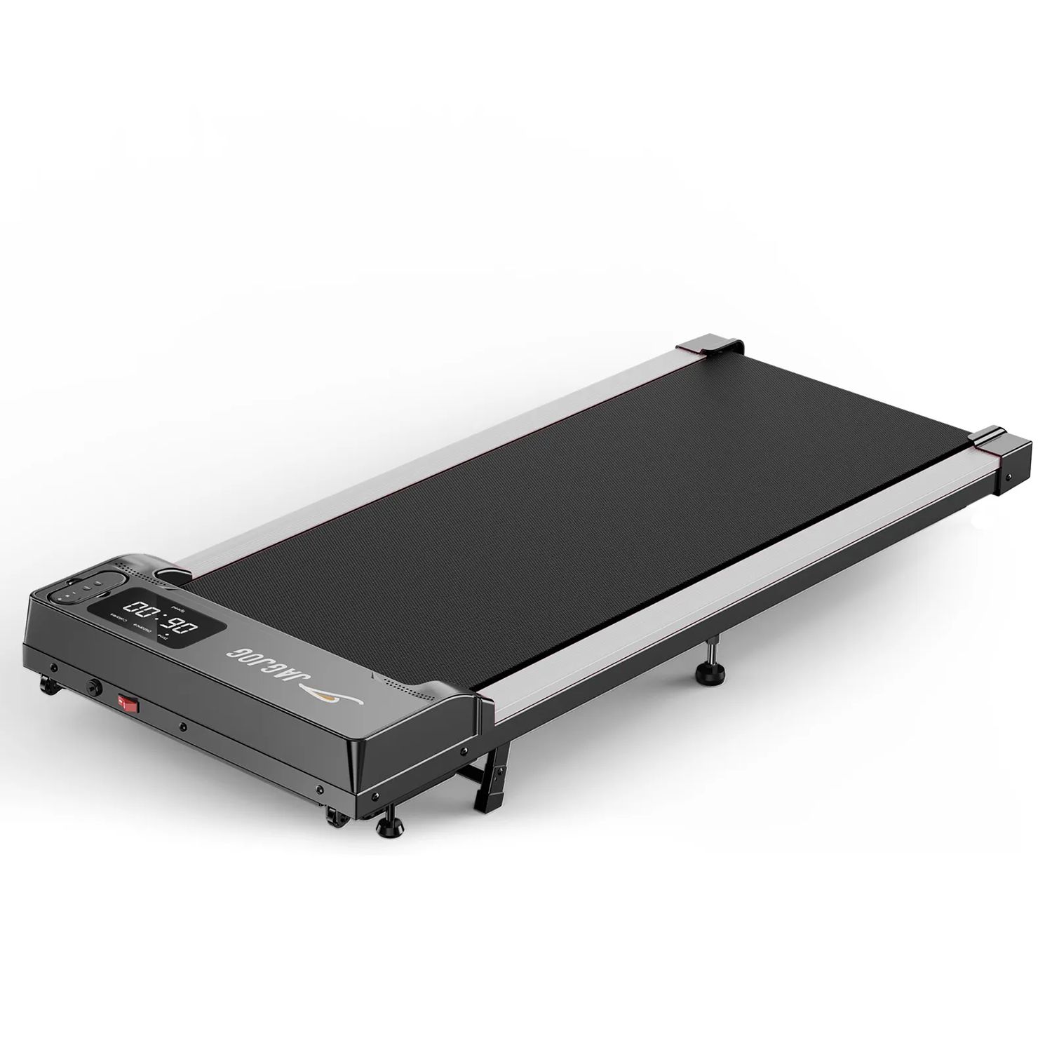 Schwarzes Laufband mit LED-Display. Flaches Design, rechteckige Form. Graue Akzente.