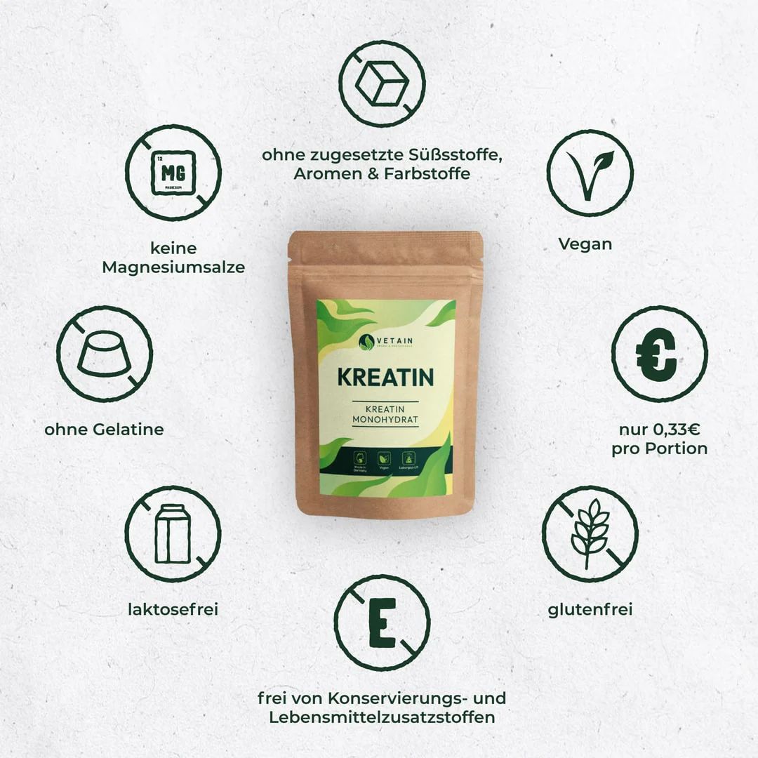 Beutel "Kreatin Monohydrat" umgeben von Symbolen: vegan, glutenfrei, laktosefrei, ohne Gelatine, etc. Marke: VETAIN.