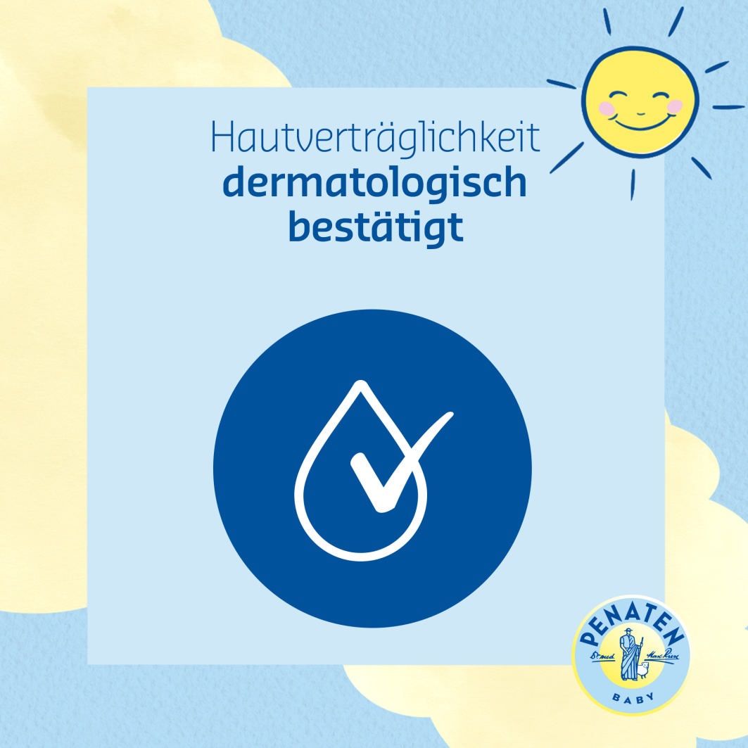 Blauer Hintergrund mit Tropfensymbol und Häkchen. Text: Hautverträglichkeit dermatologisch bestätigt. PENATEN Baby Logo.