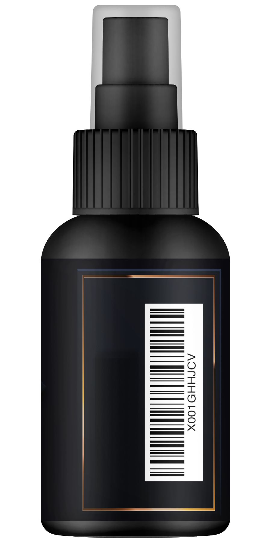 Schwarze Sprühflasche mit Barcode und Text "X001GHHJV".