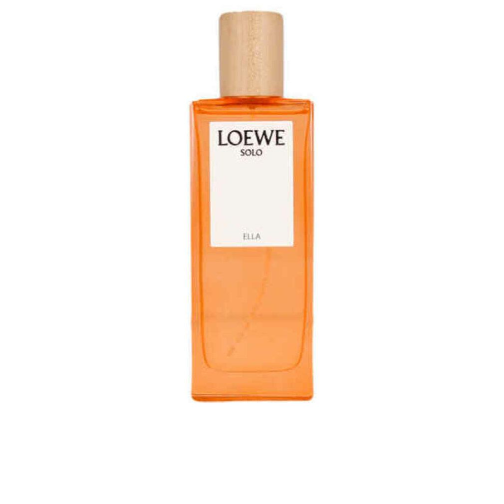 Loewe Solo Ella Eau de Parfum Spray. Rechteckiger Flakon mit Holzverschluss. Aufschrift: Loewe Solo, Ella. Flüssigkeit orange.