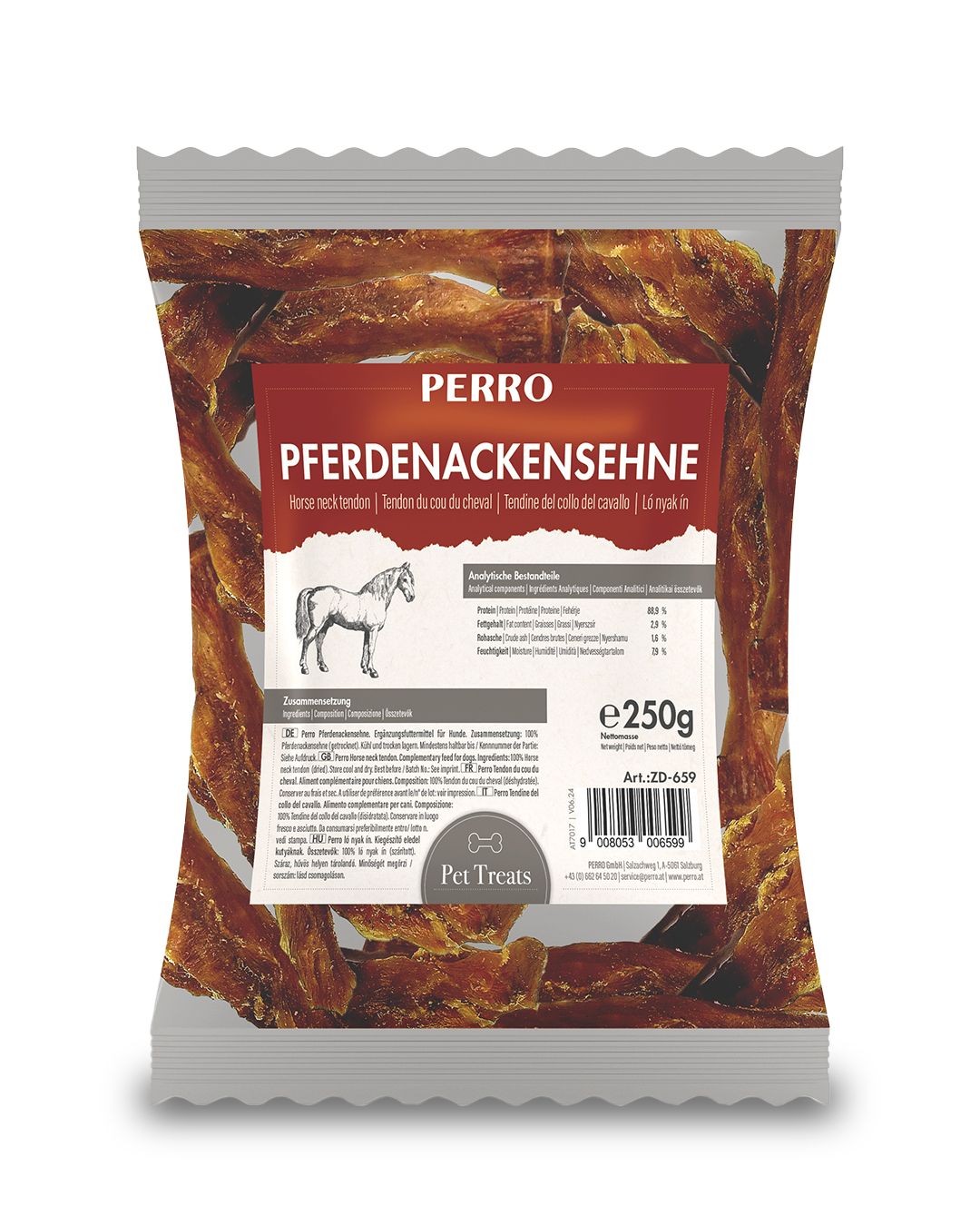 Verpackung mit PERRO Pferdenackensehne. Inhalt: getrocknete Fleischstreifen. Aufdruck: Pferd, Text, 250g, Art.-Nr. ZD-659.