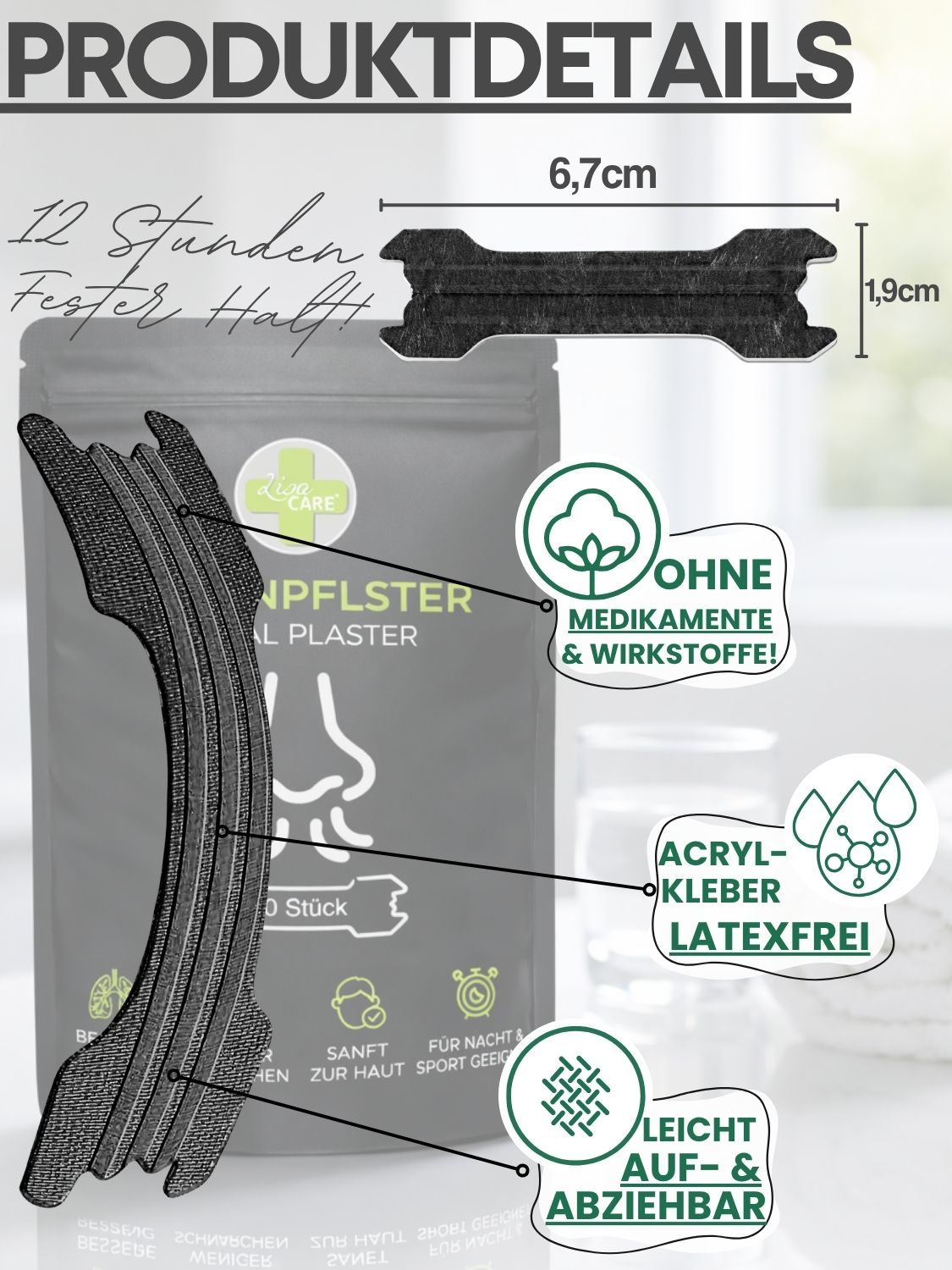 Produktinformationen: Nasenpflaster 6,7cm x 1,9cm, latexfrei, ohne Medikamente, aus Baumwolle.