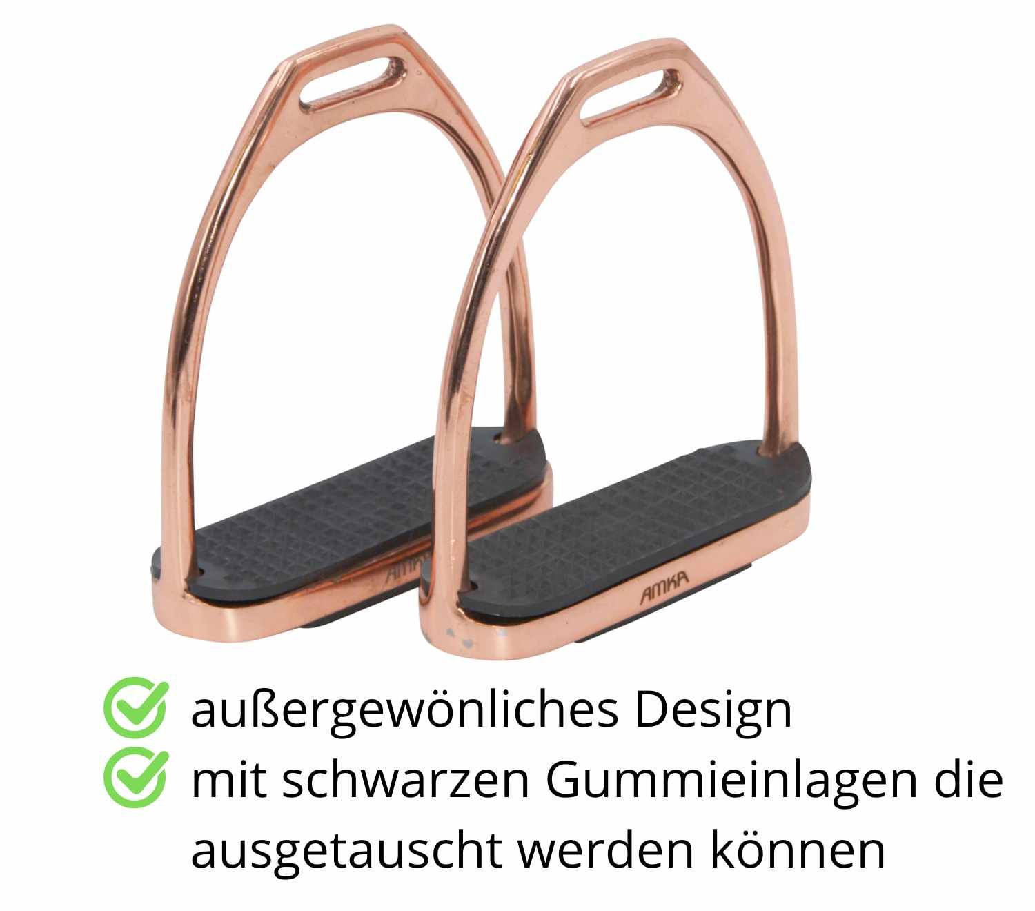 Zwei AMKA Fillis Steigbügel in Roségold. Text: Außergewöhnliches Design, mit schwarzen Gummieinlagen, die ausgetauscht werden können.