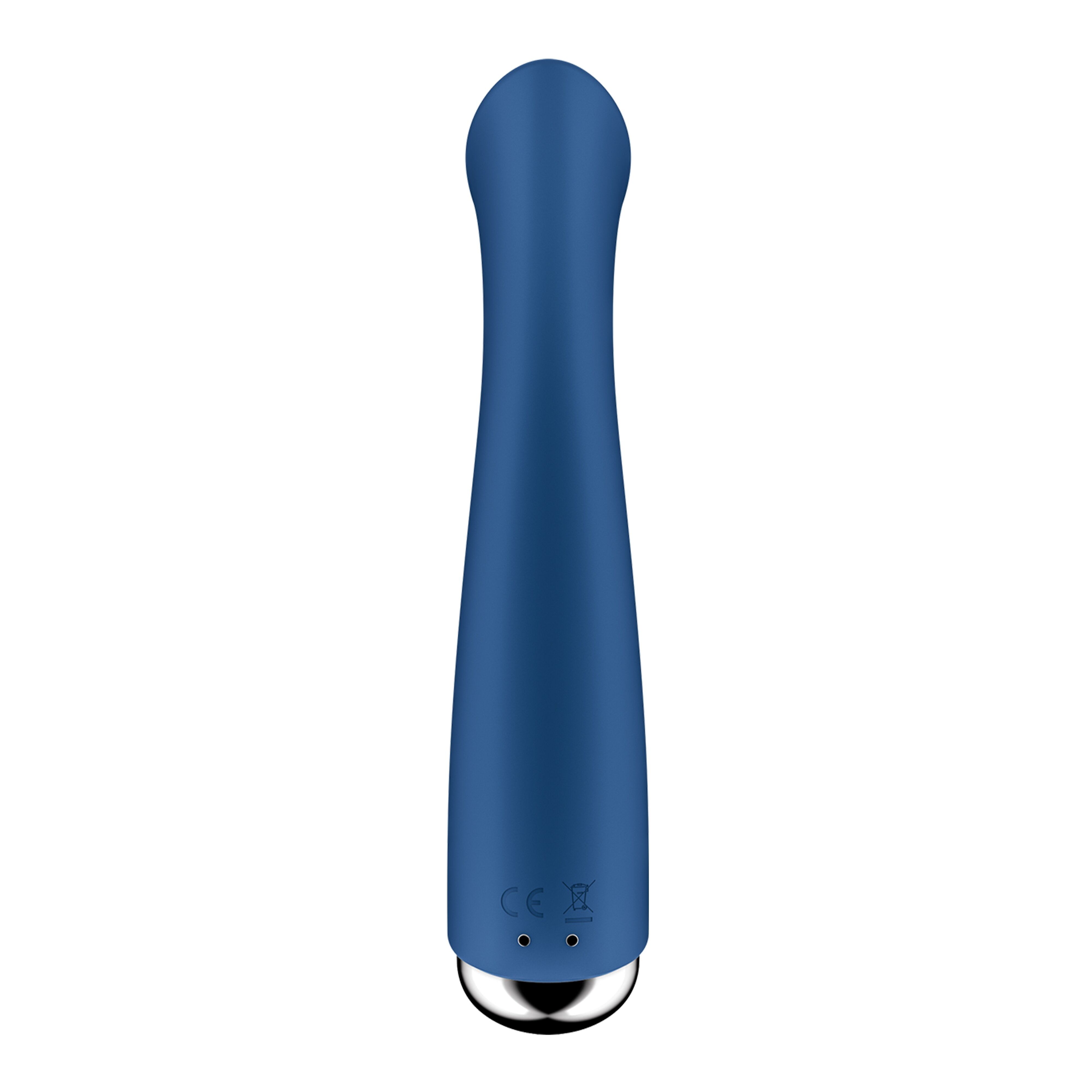 Blauer Vibrator mit silberfarbenem Ende. Zylindrische Form mit abgerundeter Spitze. SF-Logo sichtbar.