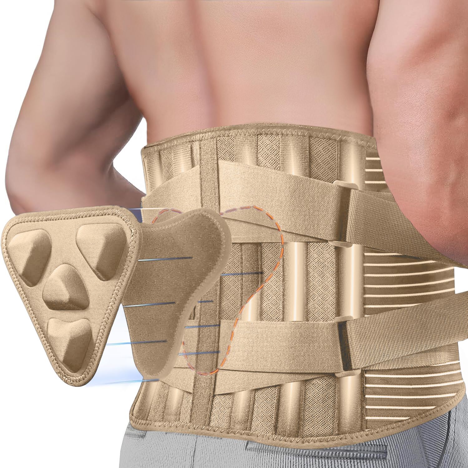 Rückenbandage mit zusätzlichem Polster. Beige mit Klettverschlüssen.