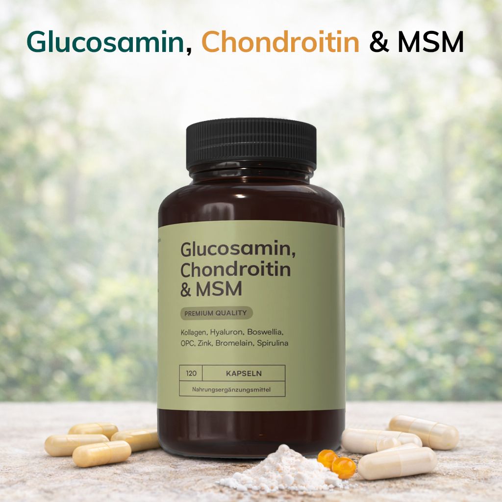 Braune Flasche mit Kapseln. Aufschrift: Glucosamin, Chondroitin & MSM. 120 Kapseln. Premium Quality.