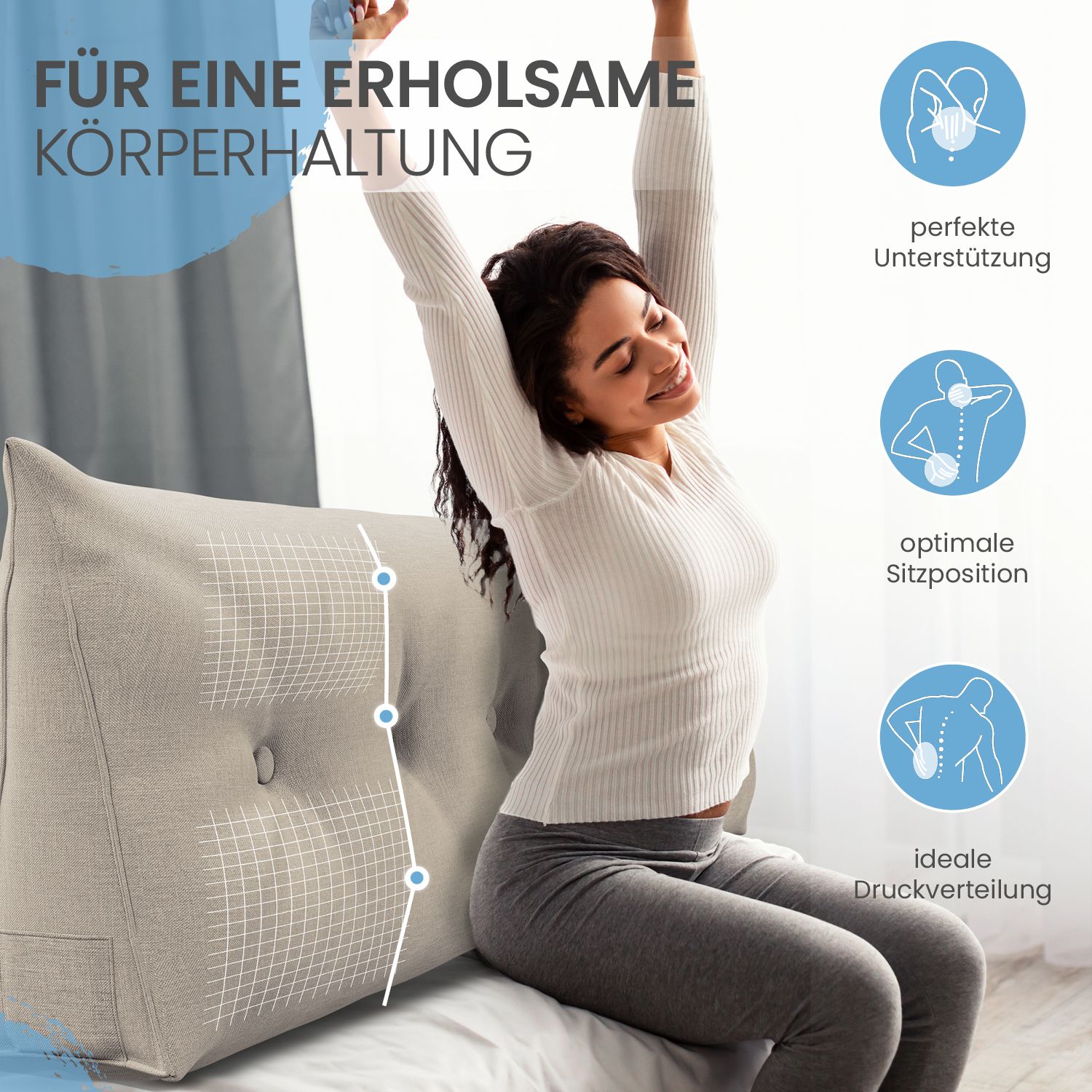 Frau sitzt an einem beigen Keilkissen. Text: perfekte Unterstützung, optimale Sitzposition, ideale Druckverteilung.