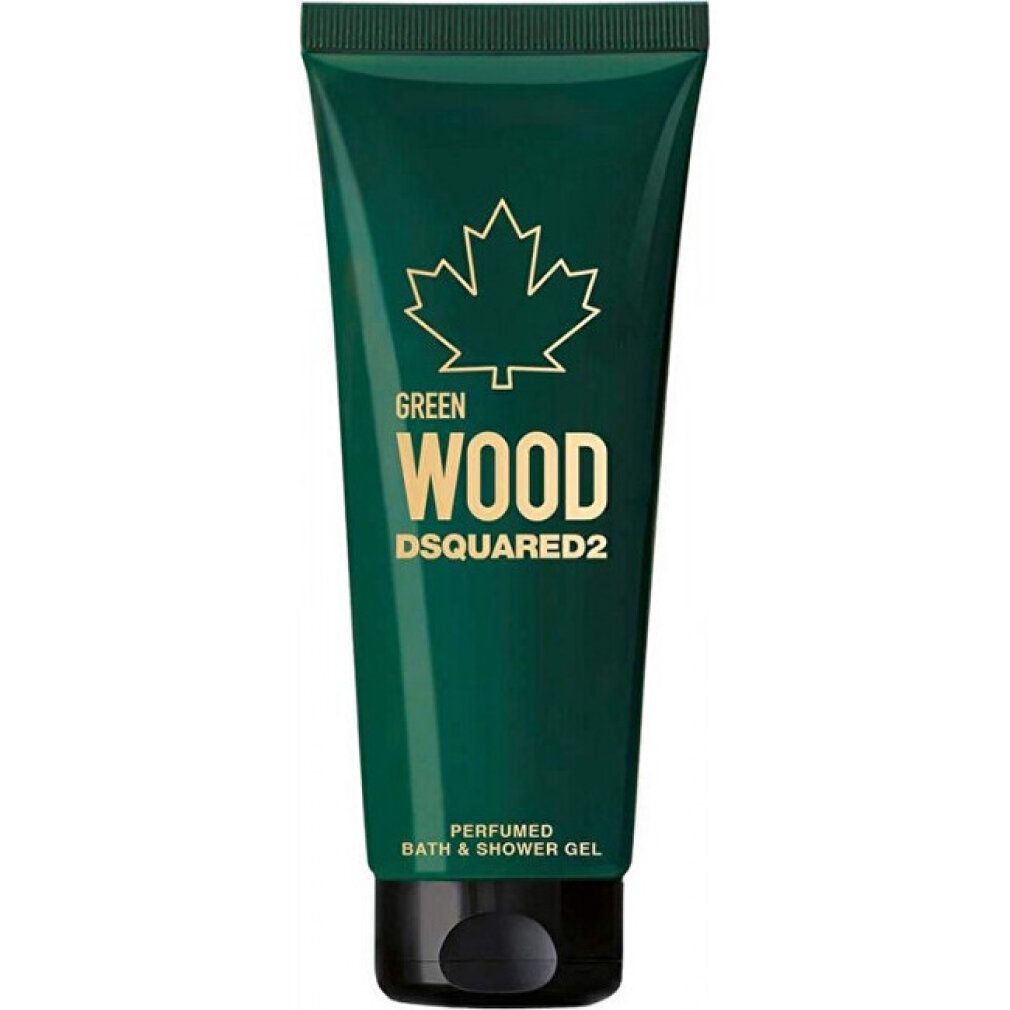 Grüne Tube mit "Green Wood Dsquared2" Aufschrift und Ahornblatt-Logo. Enthält Duschgel.