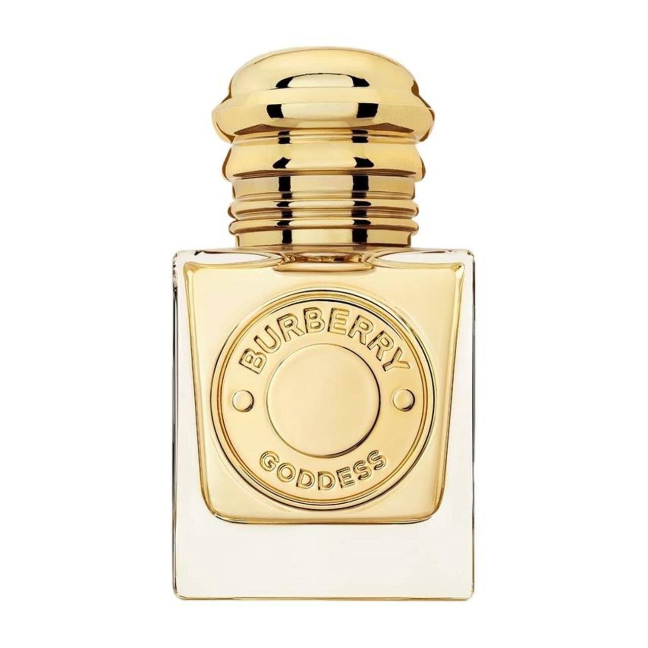 Goldfarbener Flakon mit rundem Deckel. Auf der Vorderseite ist das Logo Burberry Goddess eingraviert.