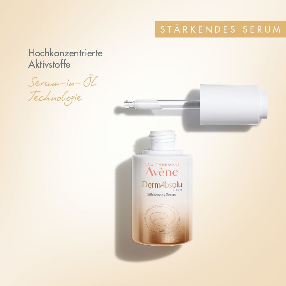 Serumflasche mit Pipette. Aufschrift: Avène DermAbsolu Stärkendes Serum. Text: Hochkonzentrierte Aktivstoffe, Serum-in-Öl Technologie.