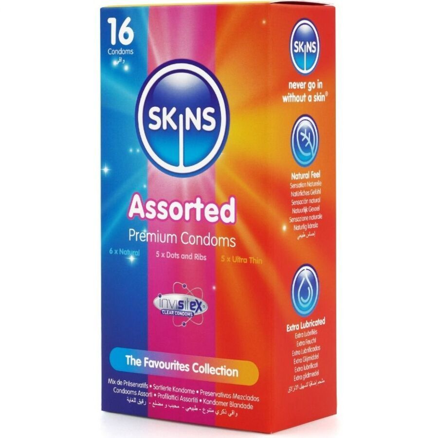 Verpackung mit 16 Kondomen. SKINS Assorted Premium Condoms. 6x Natural, 5x Dots and Ribs, 5x Ultra Thin. Zusätzliche Informationen.