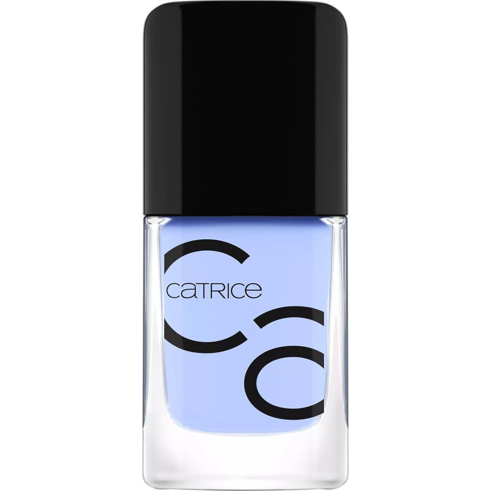 Nagellackflasche mit dem Schriftzug Catrice. Schwarzer Deckel, transparente Flasche.