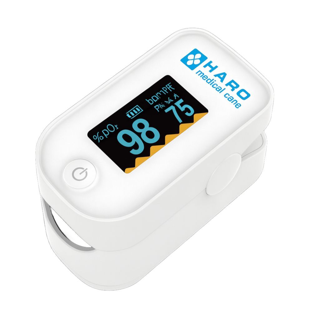 Weißes Finger-Pulsoximeter mit Display. Zeigt SpO₂ und Herzfrequenz an. Marke: HARO medical care.