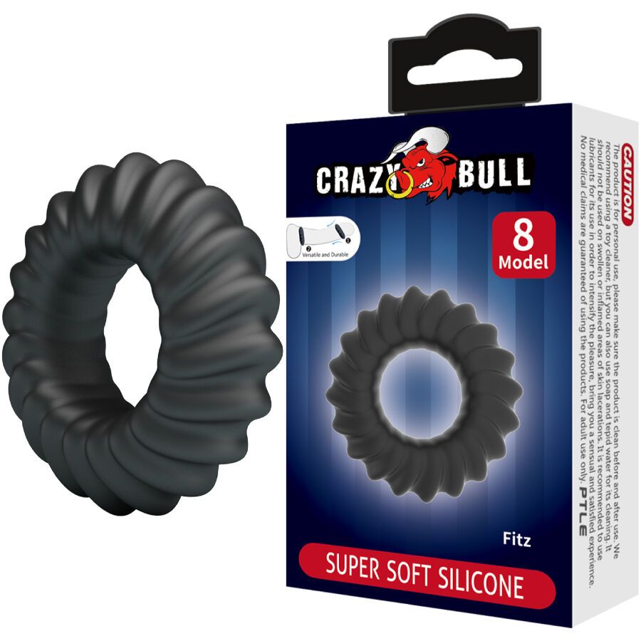 Verpackung mit schwarzem Penisring. Aufdruck: CRAZY BULL, Modell 8, SUPER SOFT SILICONE. Produktname: Fitz.
