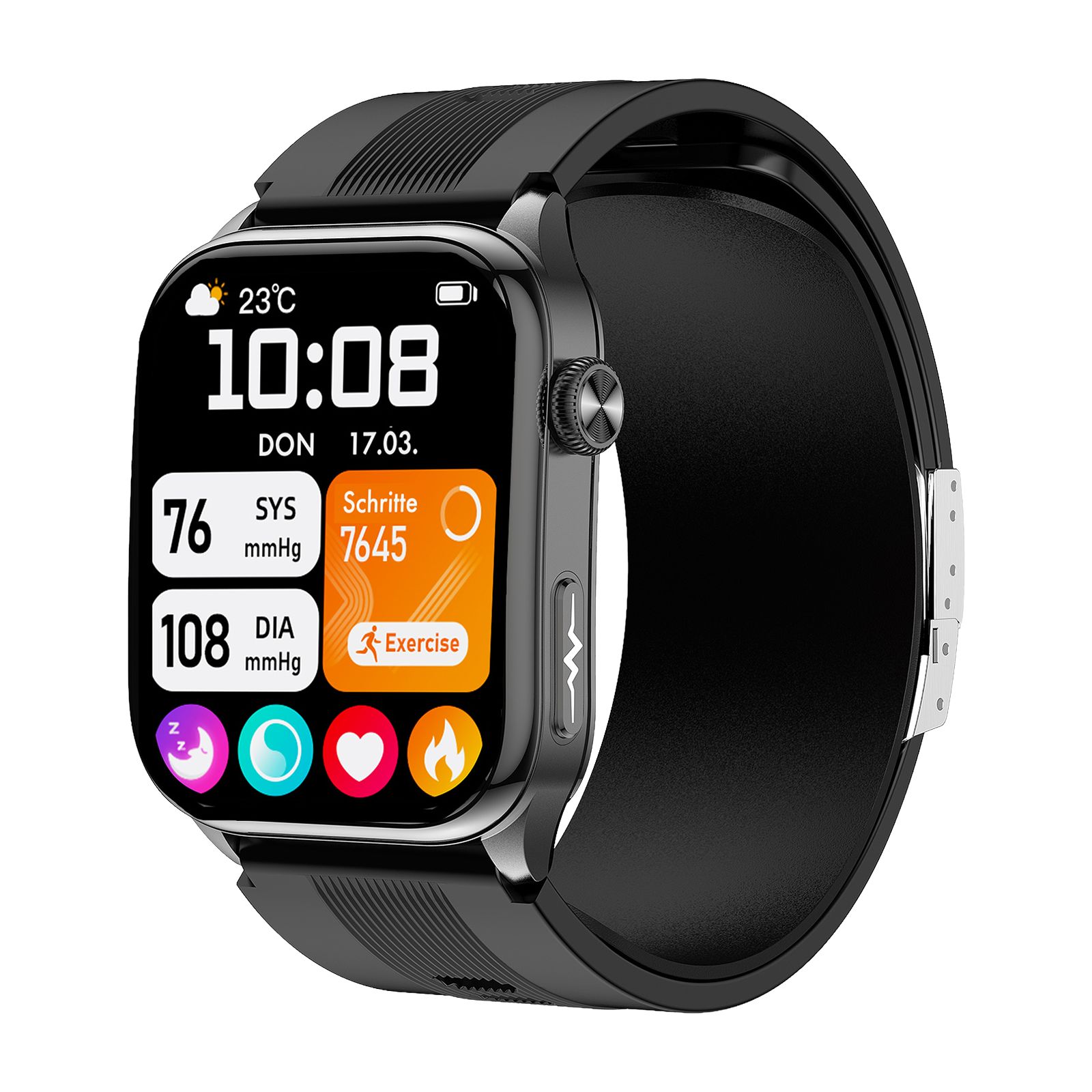 Senioren-Smartwatch mit schwarzem Armband. Anzeige: Uhrzeit, Datum, 23°C, Blutdruck (SYS 76/DIA 108 mmHg), Schritte (7645), Übung.