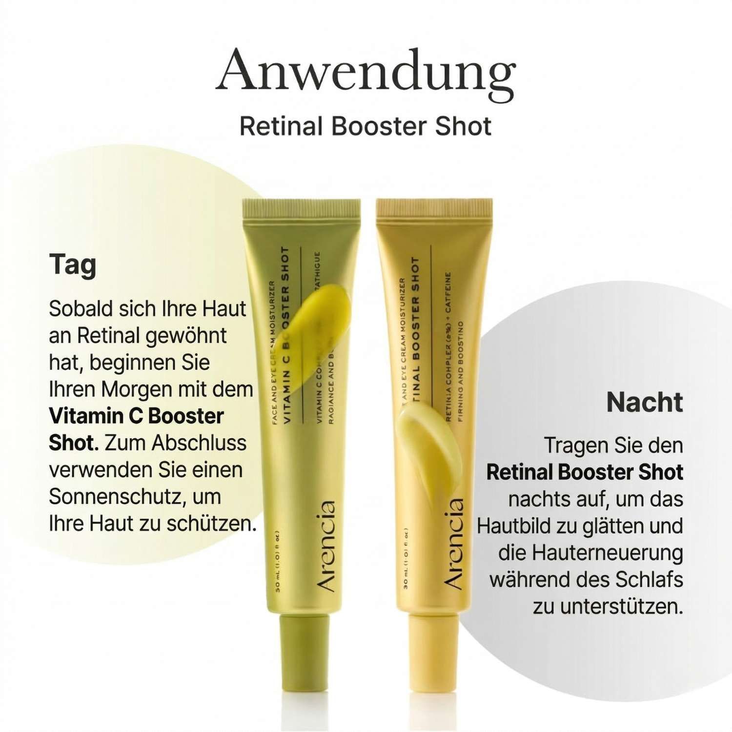 Zwei Tuben. Links: Vitamin C Booster Shot. Rechts: Retinal Booster Shot. Anwendungshinweise. Text. Goldfarbene Tuben mit grünen und gelben Akzenten.