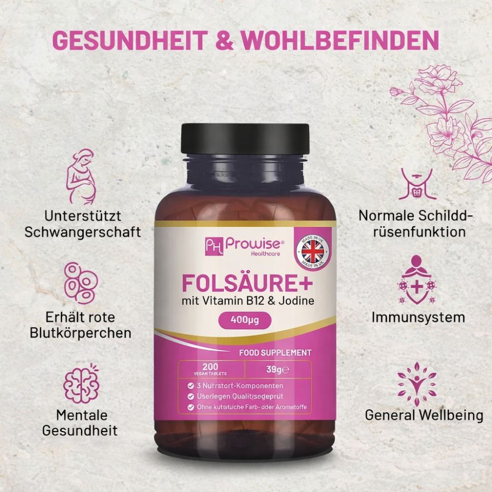 Braune Flasche mit rosa Etikett. Folsäuretabletten mit Vitamin B12 & Jod. 400µg. Grafiken zeigen Vorteile: Schwangerschaft, Schilddrüse, Immunsystem, etc.