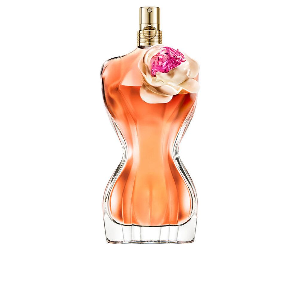 Parfümflakon in Torsoform mit rosa Blüte. Glasflakon mit goldfarbenem Sprühkopf.