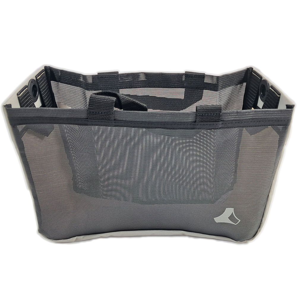 Graue Tasche für Rollator. Mesh-Gewebe, zwei Tragegriffe, Logo. Rechteckige Form mit abgerundeter Unterseite.