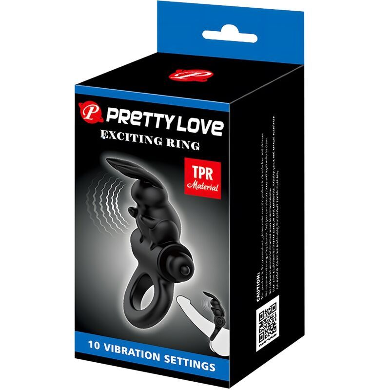Verpackung von Pretty Love Exciting Ring. Schwarze Box mit Produktabbildung und Text. Enthält 10 Vibrationseinstellungen.