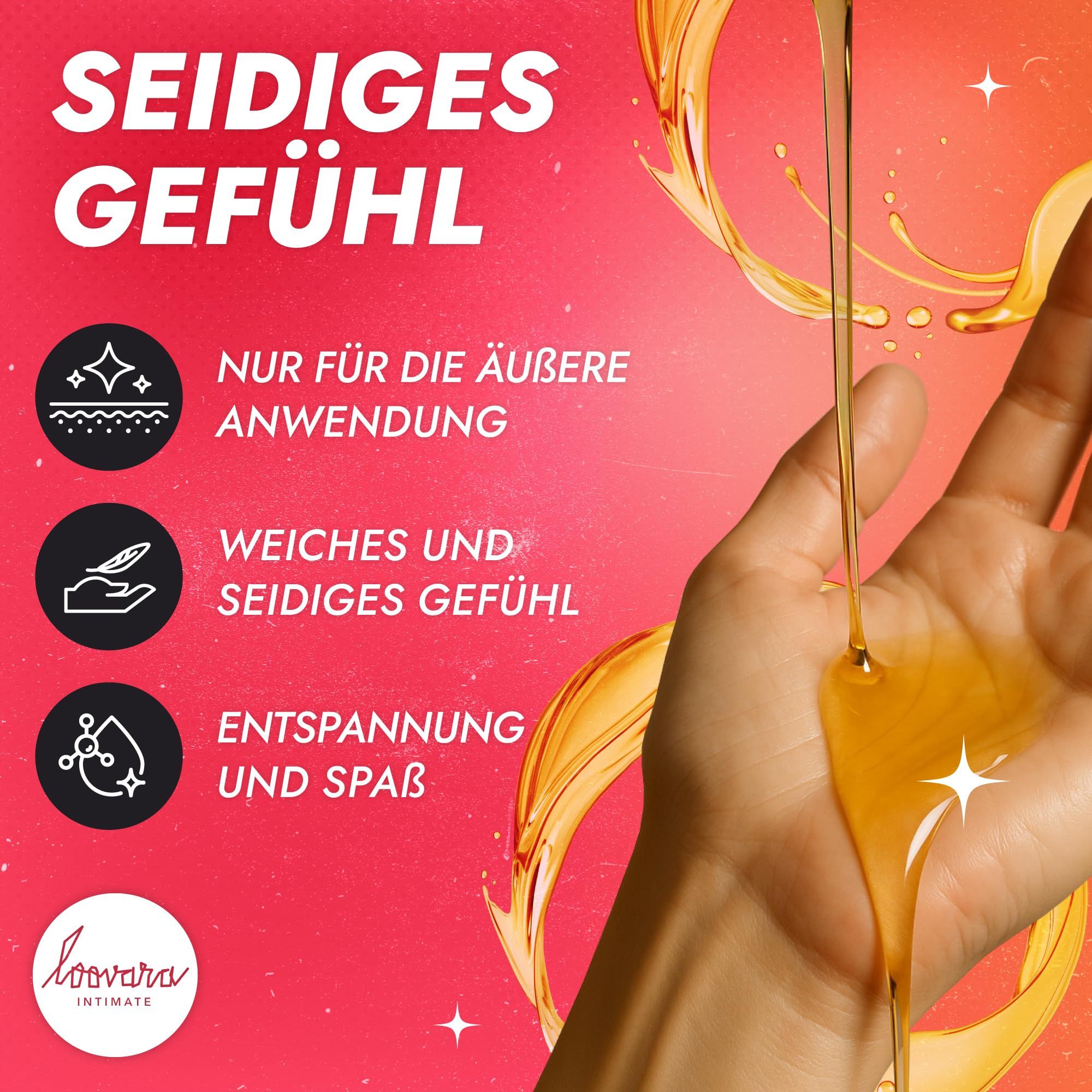 Fünf Flaschen Massageöl mit verschiedenen Aufschriften, darunter "Happy Hand".