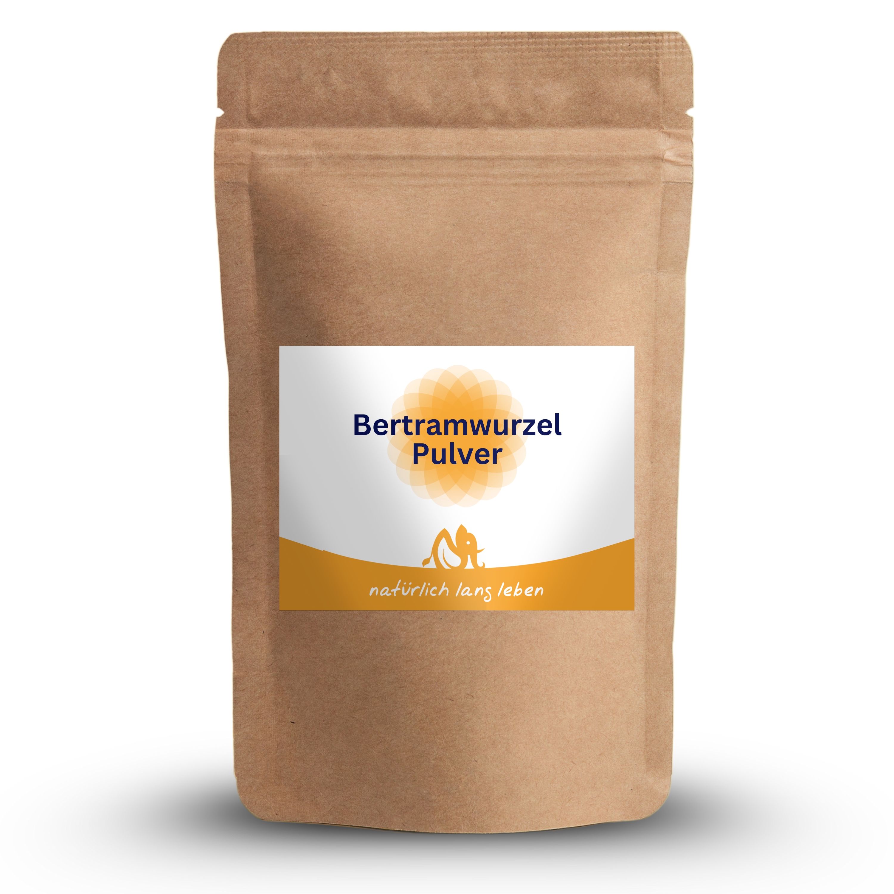 Beutel mit Etikett. Aufschrift: Bertramwurzel Pulver. Logo und Schriftzug: natürlich lang leben.