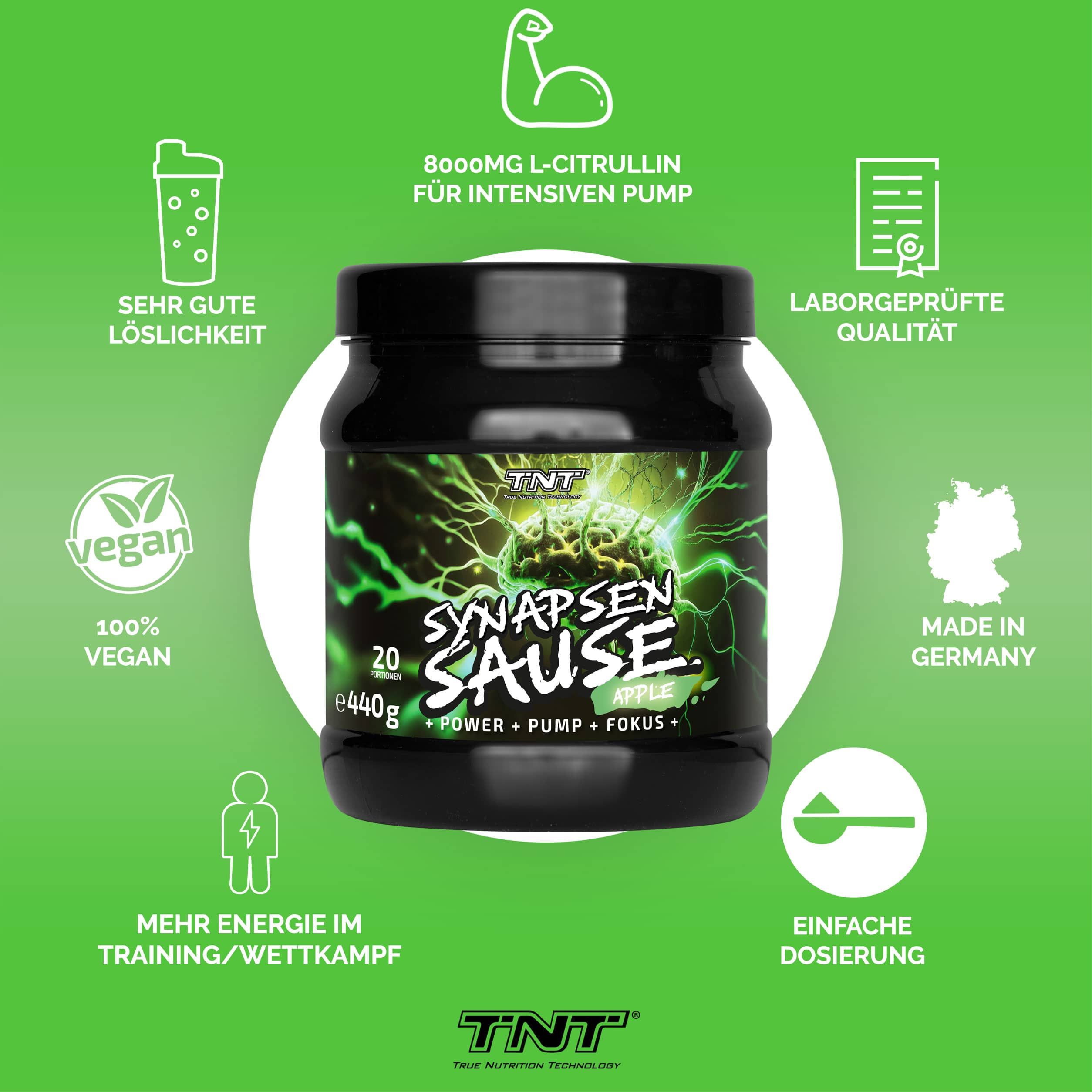 Schwarze Dose mit grünem Etikett. Aufschrift: SYNAPSEN SAUSE, APPLE, 20 Portionen, e440g. Logo: TNT. Zusätzliche Symbole.