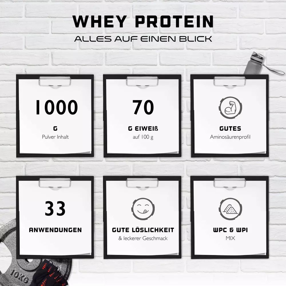 Infografik mit Informationen zu Whey Protein. Enthält Angaben zu Inhalt, Proteingehalt, Aminosäurenprofil, Anwendungen und Mischung.