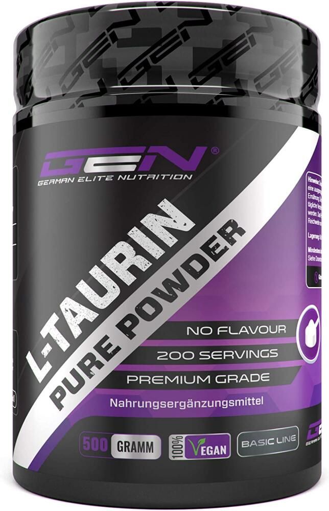 L-Taurin Pure Powder Dose. Weiße Dose mit lila Etikett. Enthält 500 Gramm, 200 Portionen, Premium Grade, No Flavour. Marke: GEN.