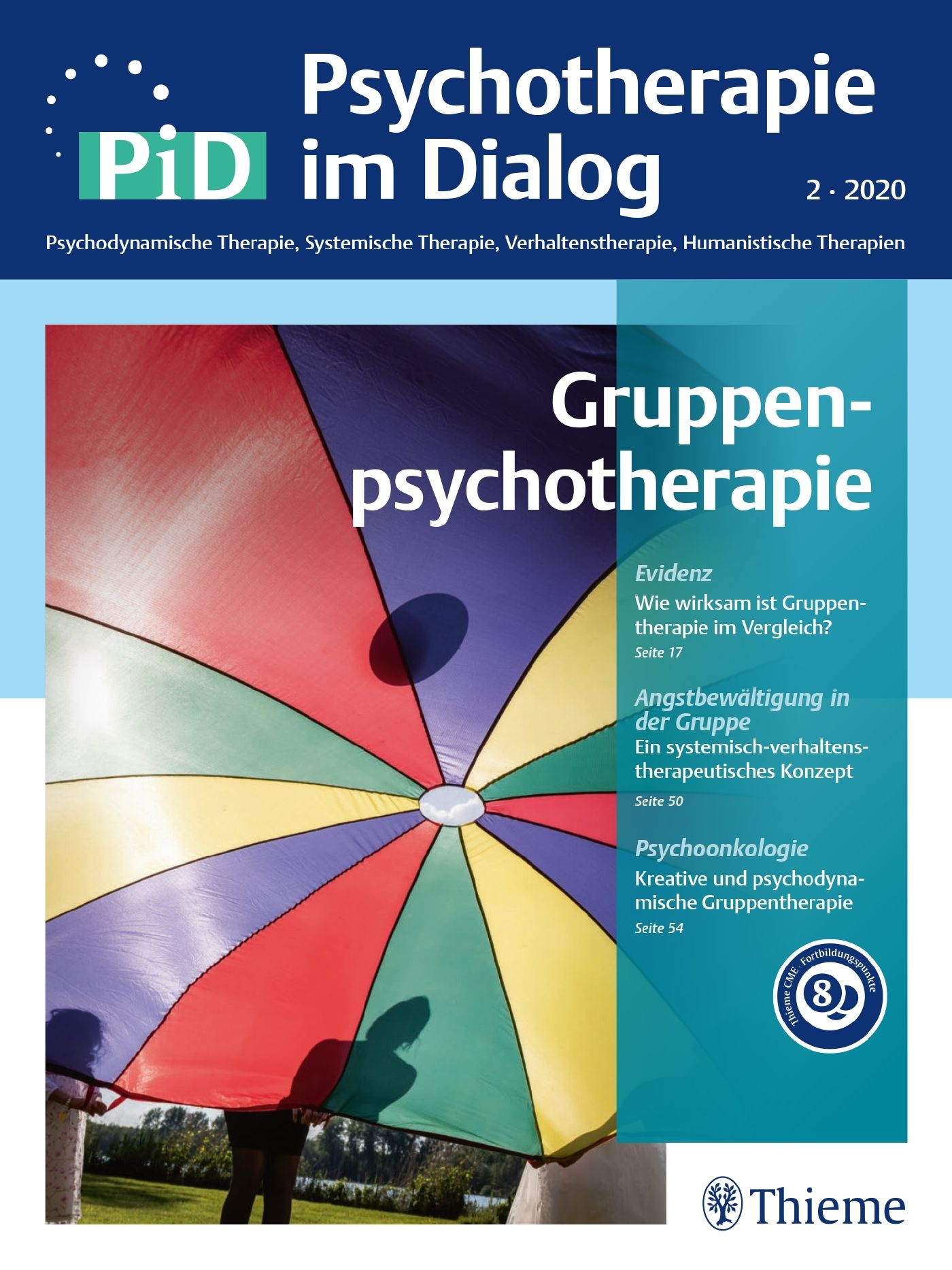 Zeitschrift "Psychotherapie im Dialog". Titel: Gruppenpsychotherapie. Auf dem Cover ein farbenfrohes Fallschirm-Design. Ausgabe 2.2020.