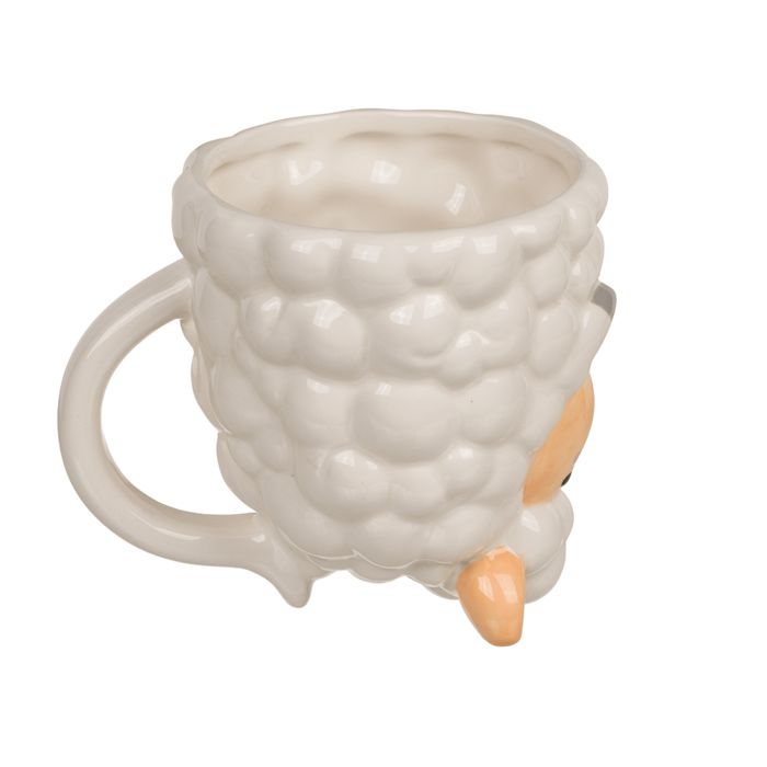 Keramikbecher Schaf, weiß. Schaf-Design mit Ohren, Gesicht und Beinen. Henkel. Innenraum sichtbar.