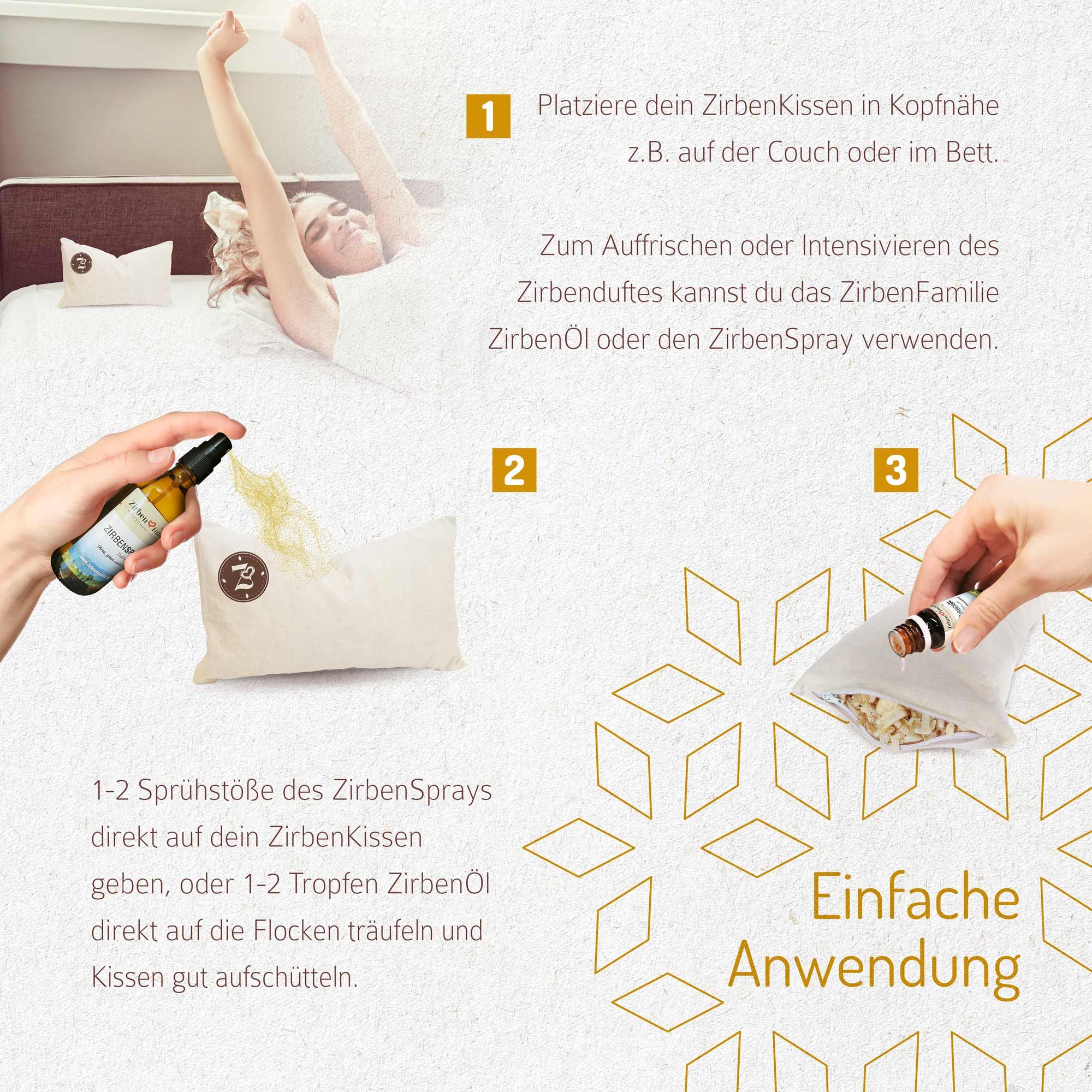 Anwendungsbeispiele für ein Kissen. Frau im Bett, Sprühen und Beträufeln mit Öl.