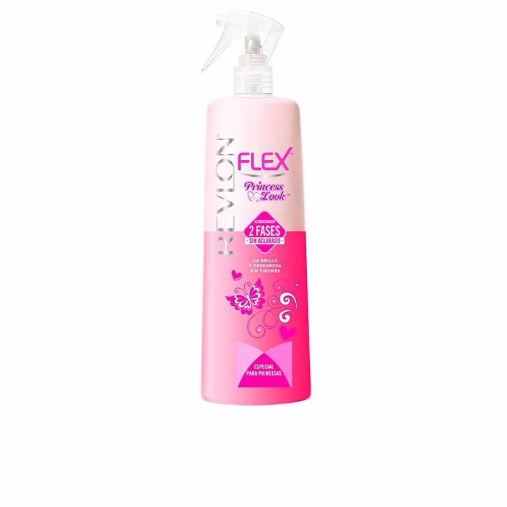 Rosa Flasche mit Sprühkopf. Aufschrift: Revlon Flex Princess Look, 2 Phasen. Dekoration mit Schmetterlingen und Herzen.
