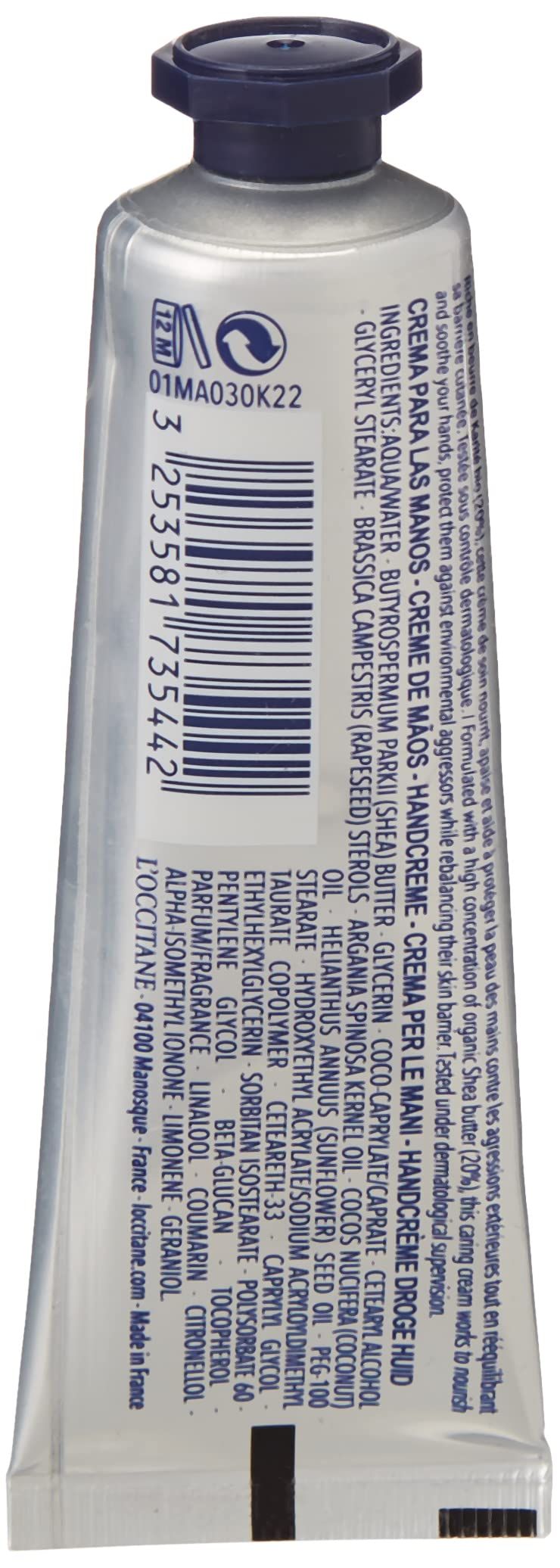 Rückseite einer Creme-Tube. Text: L'Occitane, Inhaltsstoffe, Creme für die Hände, 30ml, Barcode.