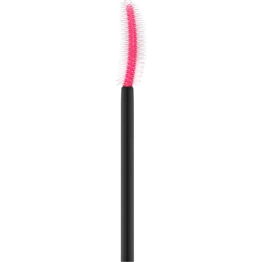 Nahaufnahme einer Mascarabürste mit rosa Borsten und schwarzem Griff. Die Borsten sind gebogen.