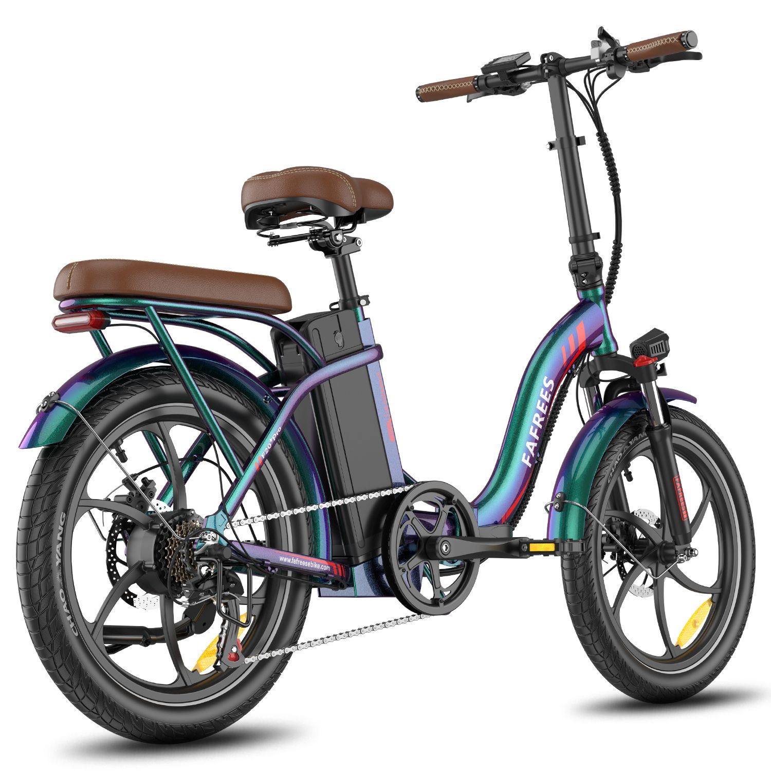 Faltbares E-Bike, blau-grün, brauner Sattel und Gepäckträger. Schwarze Reifen, Felgen und Akku. Marke FAFREES.