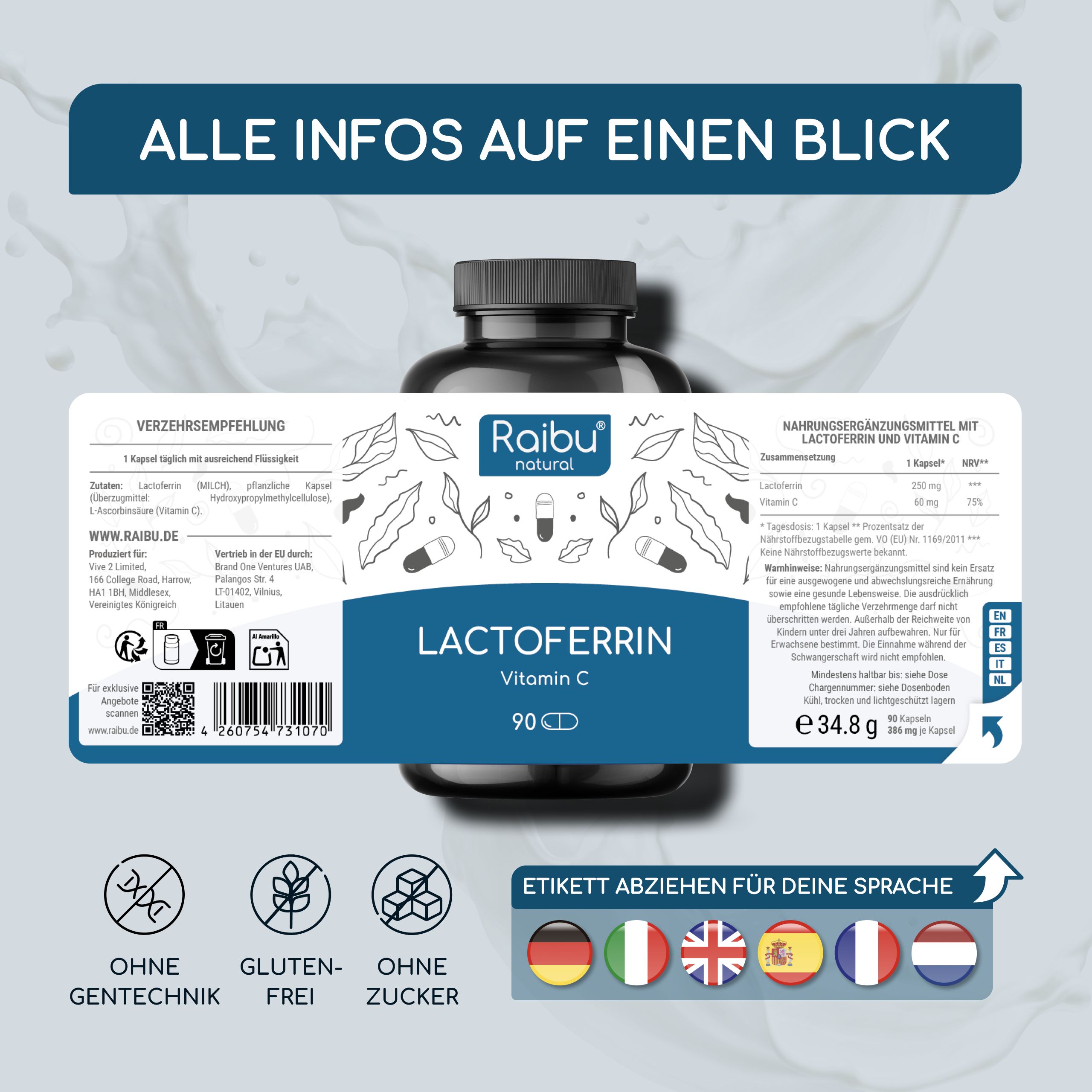 Lactoferrin 250 mg hochdosiert - mit Vitamin C - für Eisenaufnahme & Immunsystem - RAIBU