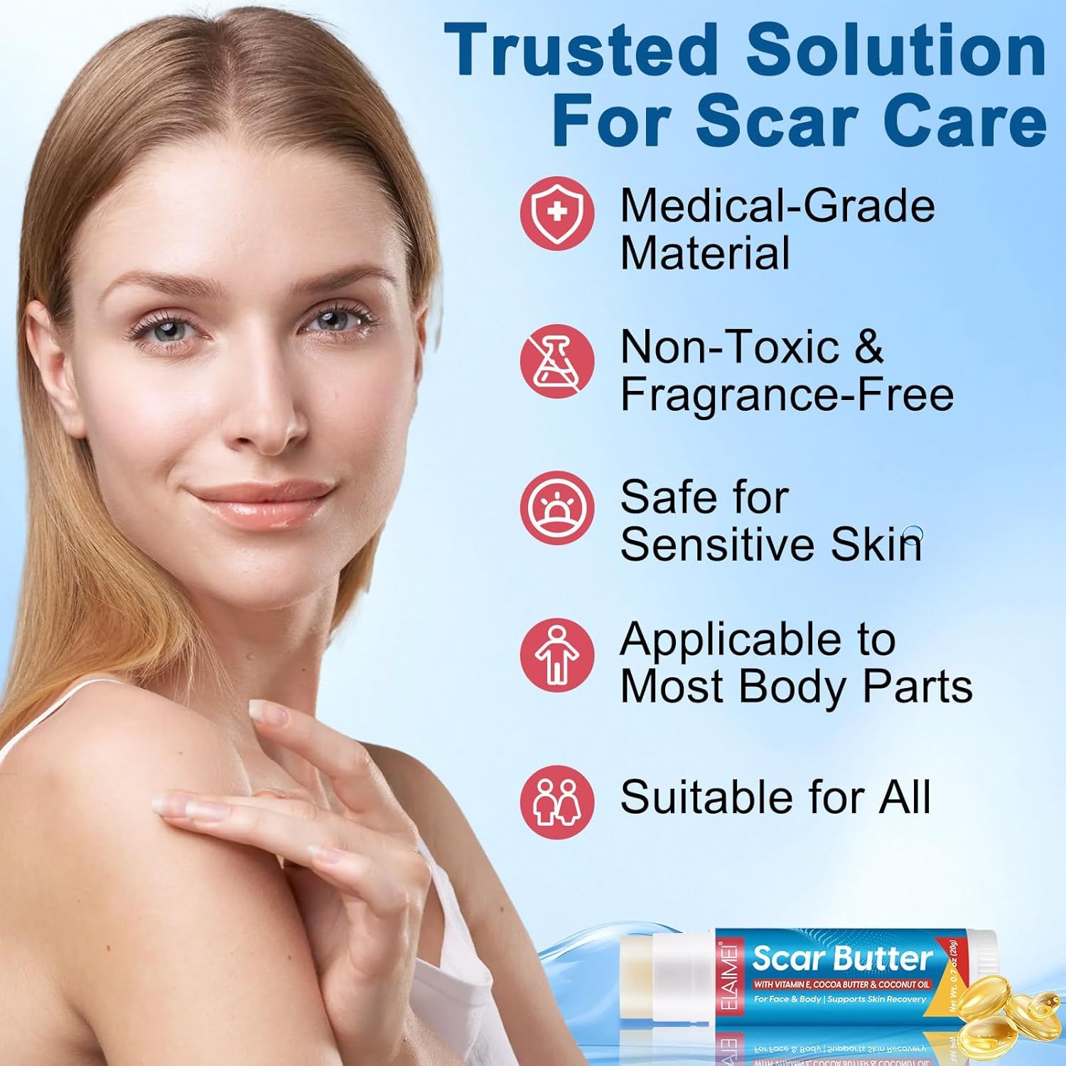 Stift mit Aufschrift "Scar Butter". Enthält Informationen zu medizinischem Material, nicht toxisch, für empfindliche Haut.