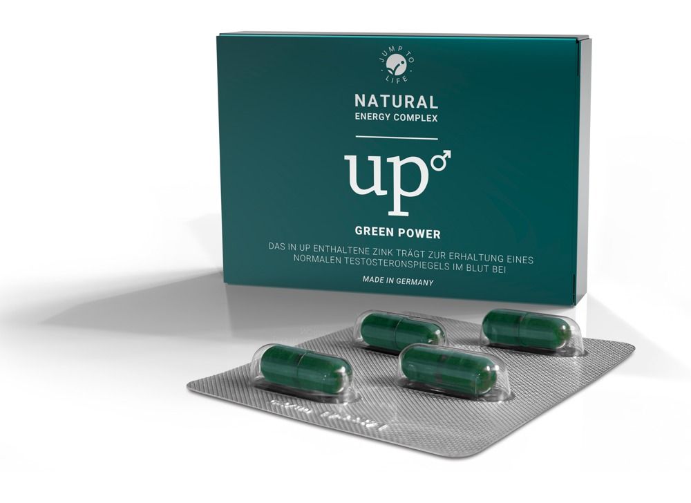 Verpackung und Blisterpackung mit vier grünen Kapseln des Produkts Up Green Power.
