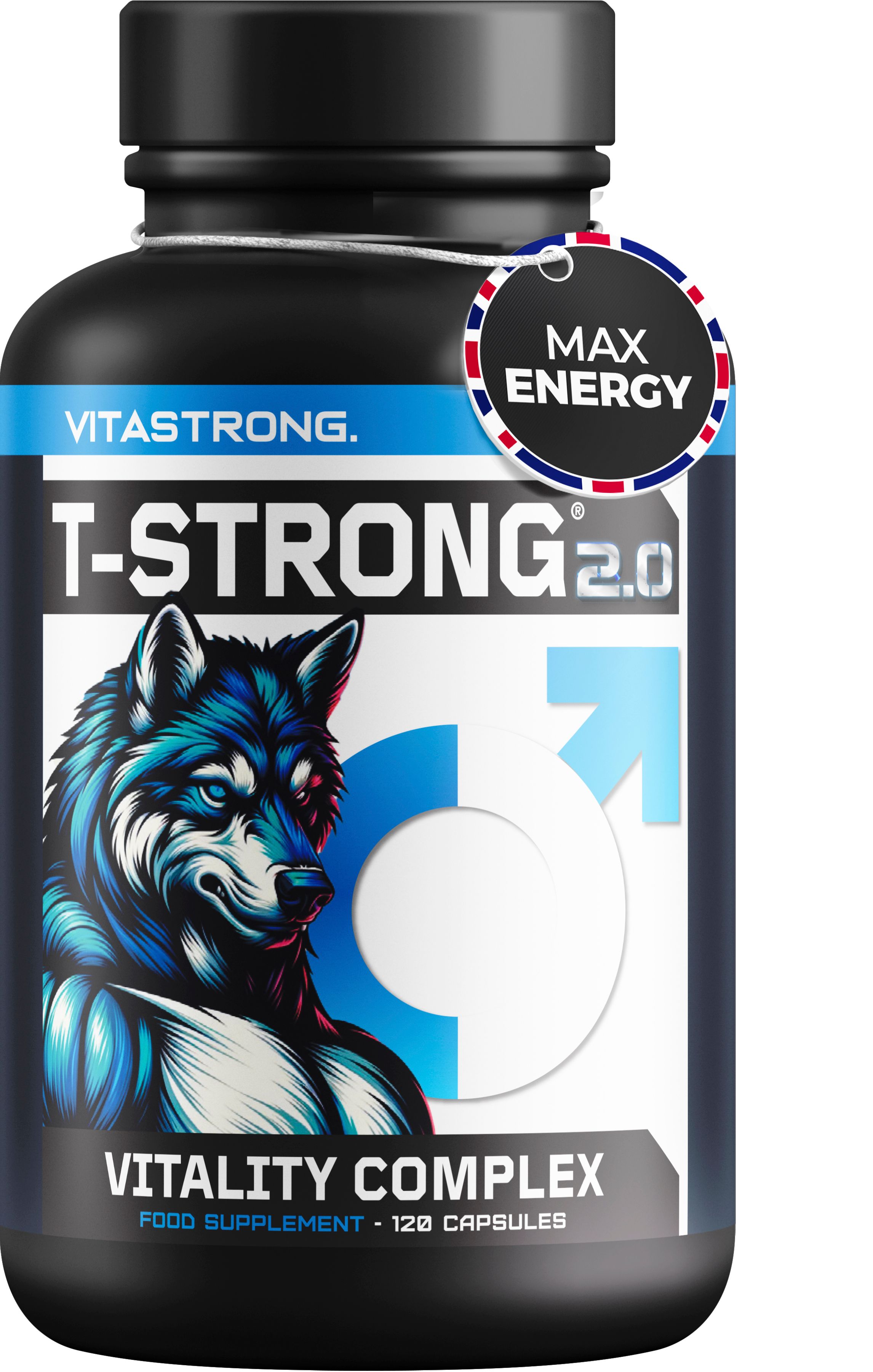 Vitastrong T-STRONG 2.0, schwarze Flasche mit Kapseln. Aufschrift: Vitality Complex, 120 Kapseln.