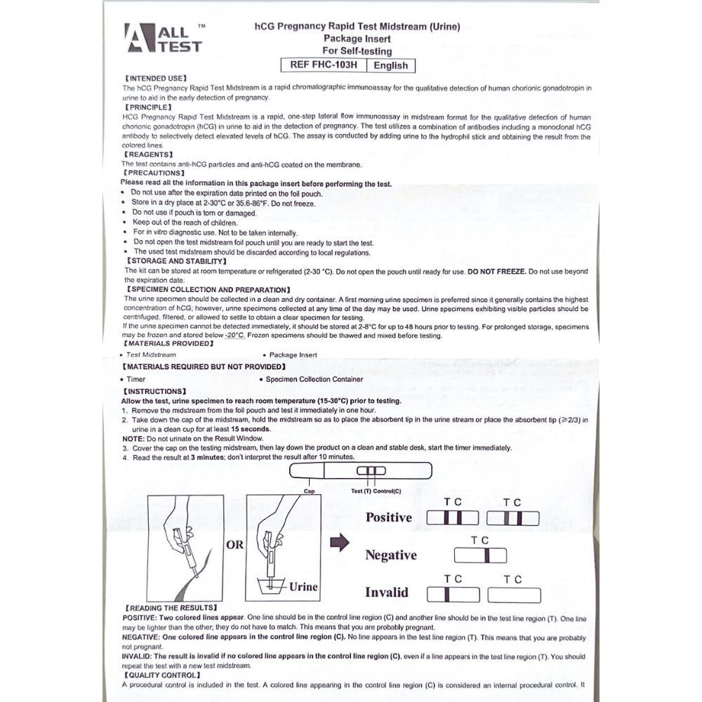 Beipackzettel mit Anweisungen und Informationen zum hCG-Test. Illustrationen. Text in Englisch.