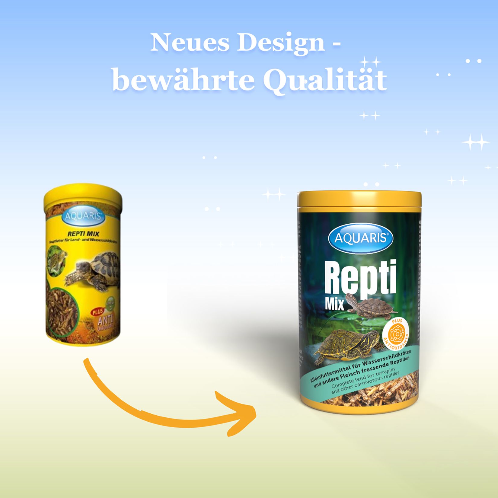 Zwei Dosen AQUARIS Repti Mix. Eine Dose mit gelbem Deckel, die andere mit gelbem Deckel und Pfeil. Text: Neues Design - bewährte Qualität.