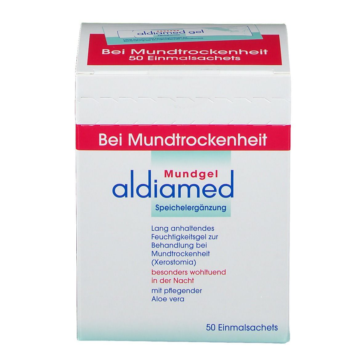 Weißer Karton mit roter Schrift. Aufschrift: aldiamed Mundgel Speichelergänzung. 50 Einmalsachets.