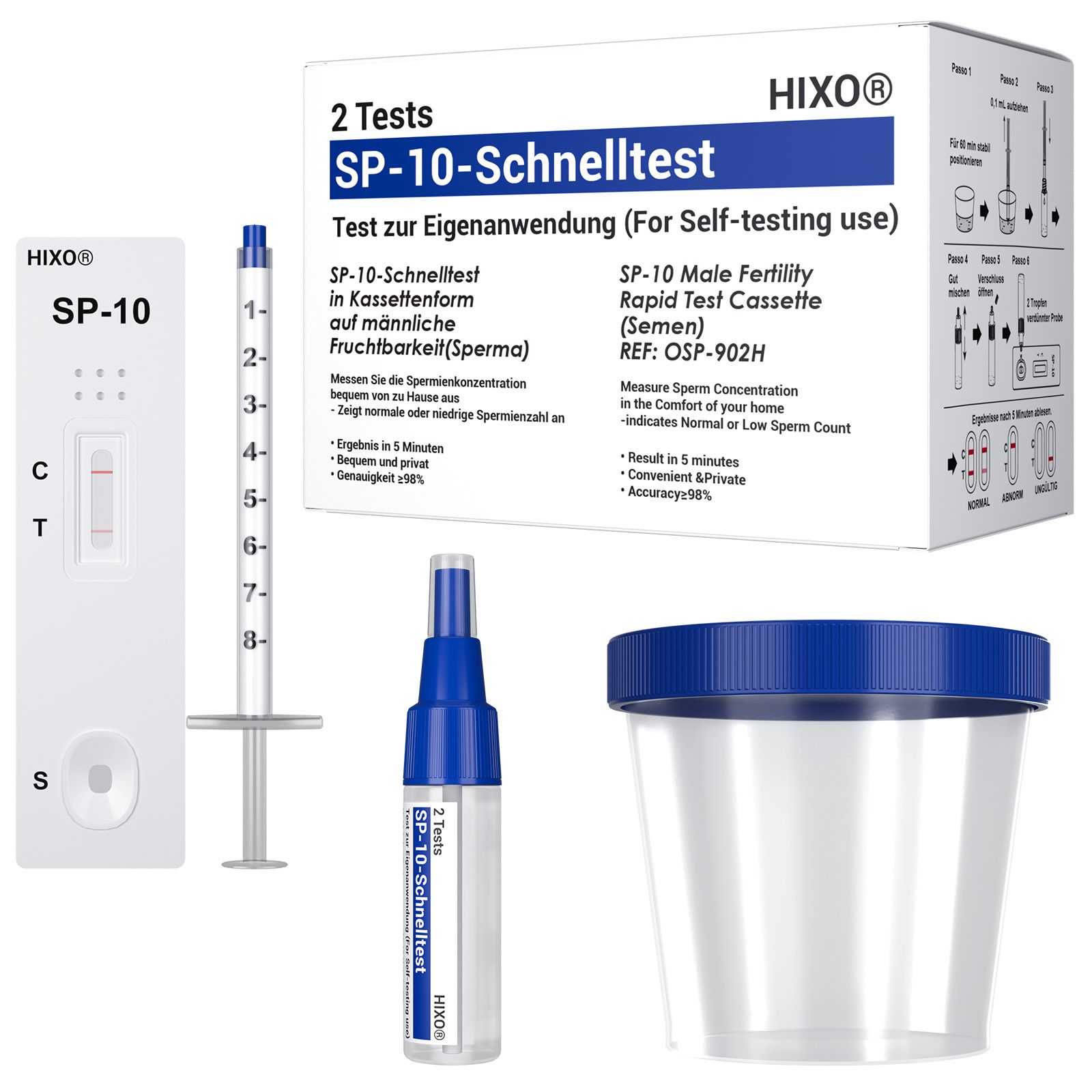 HIXO SP-10 Schnelltest. Testkassette, Spritze, Behälter, Fläschchen. Verpackung mit 2 Tests. Text: SP-10 Schnelltest, HIXO.