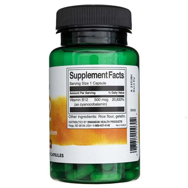 Grüne Flasche mit schwarzem Deckel. Rückseite mit Nährwertangaben und Inhaltsstoffen. Enthält Vitamin B12.