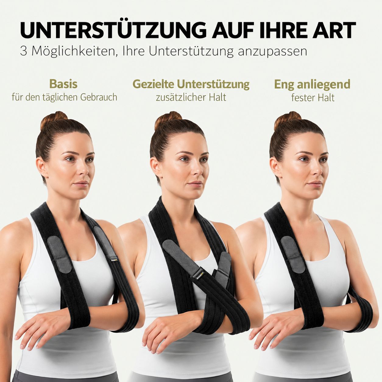 Schwarzer Armstützgurt, der von einer Frau getragen wird.